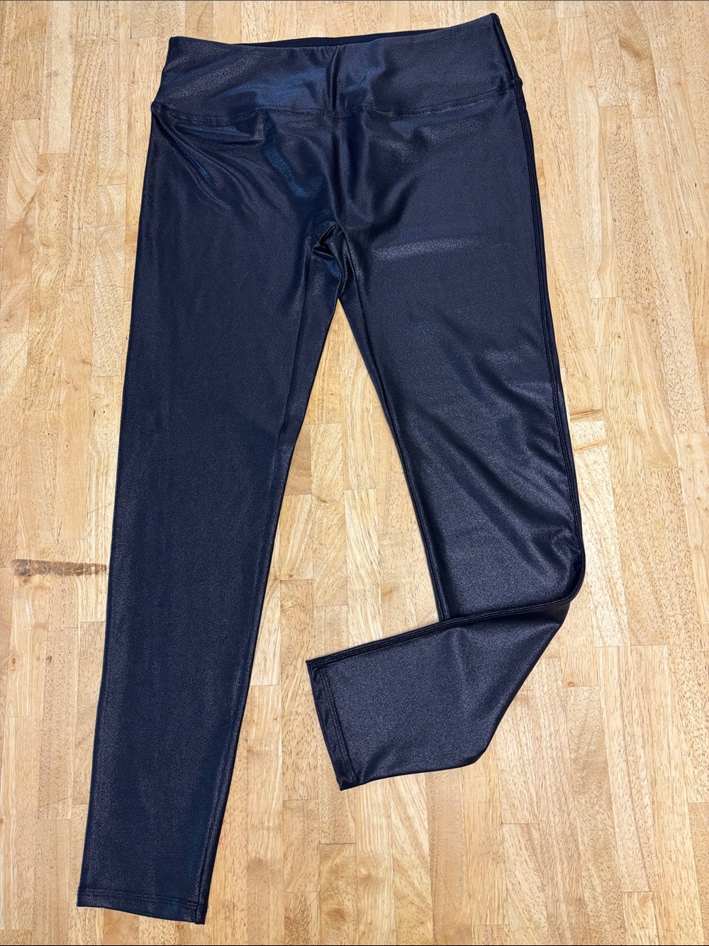 SANTINY Faux Leather Metallic High Waisted Black Shimmer Leggings — Size L